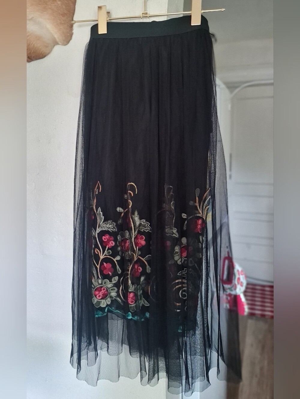 Black Embroidered Floral Mesh Midi Skirt